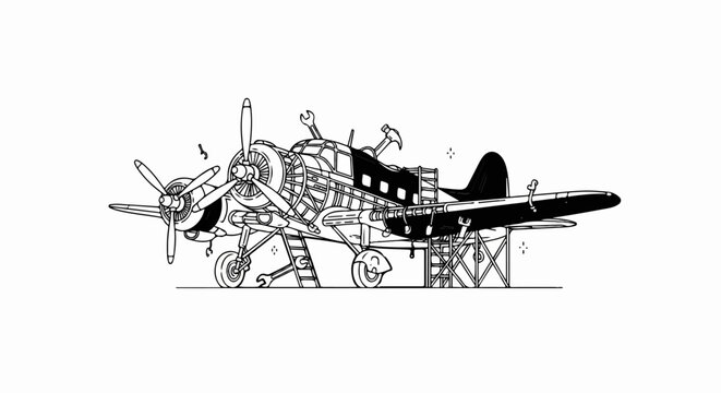 Stylized illustration of a vintage twin-engine airplane undergoing maintenance