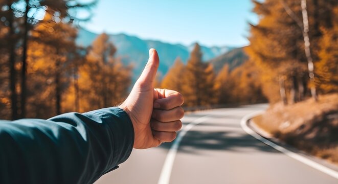 Hitchhiking Thumb Up Gesture on Autumn Roadside.