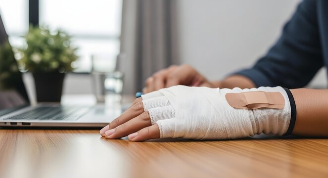 Person with bandaged hand working on laptop at a wooden desk.