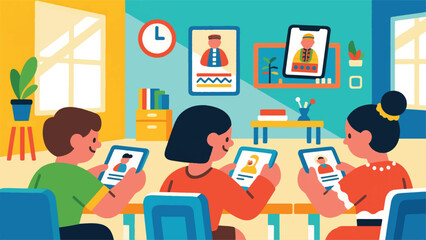 Fototapeta premium Ilustrasi flat geometric anak belajar budaya tradisional melalui aplikasi edukasi di tablet, ruang belajar modern cerah.eps