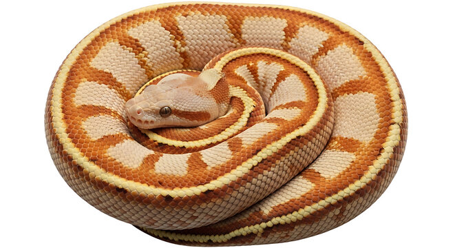Close-up coiled ball python snake on white background, golden brown scales, wildlife pet photography