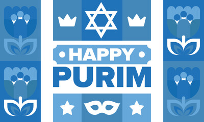Purim. Happy Purim. Traditional Jewish religious holiday. Star of David, Carnival mask. Israel history. Сelebrated by a masquerade and festival. Poster art. Vector illustration