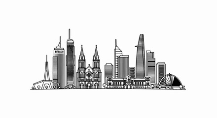 Obraz premium Stylized line drawing of a city skyline with varied architecture