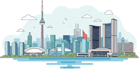 Obraz premium Stylized city skyline with a prominent tower and waterfront