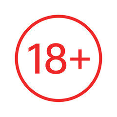 Obraz premium Red circular age restriction icon for 18 plus content. Minimalist legal warning sign isolated on white for adult themes.