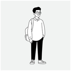 Minimalist line art illustration of a young male student with eyeglasses and backpack