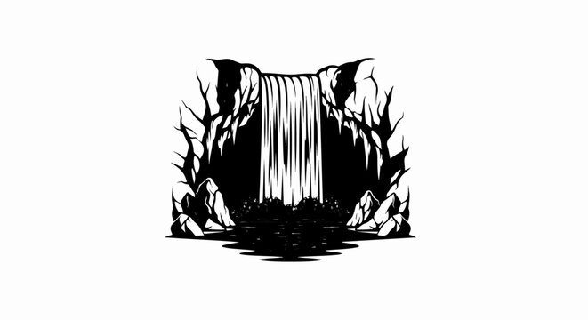Stylized black and white illustration of a waterfall cascading into a pool within a cave
