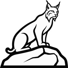 Stylized black and white drawing of a lynx perched on a rocky outcrop