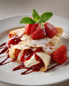 Modern Cafe PBJ Crepe with Peanut Butter Strawberry Jam and White Chocolate Cream Layers on Clean Plate with Minimal Styling
