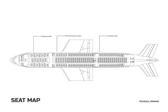 Passenger aircraft outline blueprint. Linear aircraft seat map. Interior of a modern jet aircraft. Top view drawing. Lopa concept