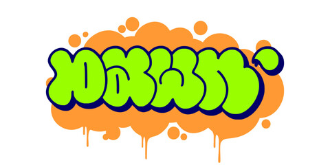 Dawn graffiti throw up bubble letter design. Green and orange street art lettering with dripping paint effect for urban apparel and lifestyle branding. High quality vector. © dirtyfellas