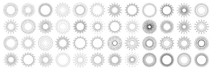 Vintage sunburst, sunset beams collection. Boho style, modern minimalist bohemian design. Hand drawn bursting sun, light rays. Logotype or lettering design element in retro style. Vector illustration