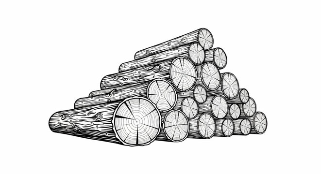 Stacked logs show detailed rings and bark texture in a monochrome illustration