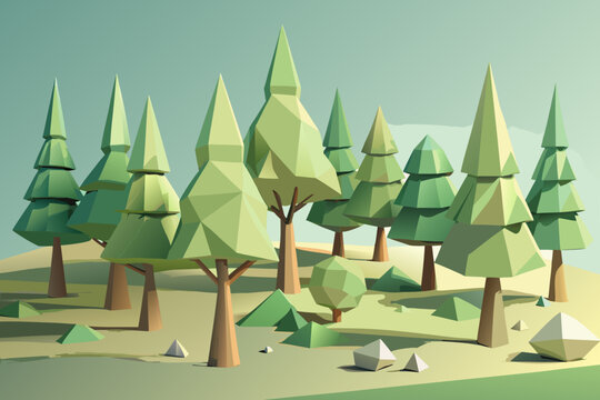 Low poly forest landscape with green trees and hills