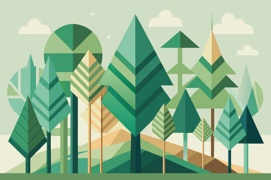 Vibrant geometric forest landscape with stylized trees and rolling hills
