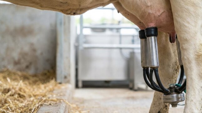 Close up of a dairy cow's udder with a modern milking machine attached to its teats in a farm setting
