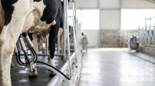 Close view of a dairy cow's udder with a milking machine in operation at a clean well lit farm