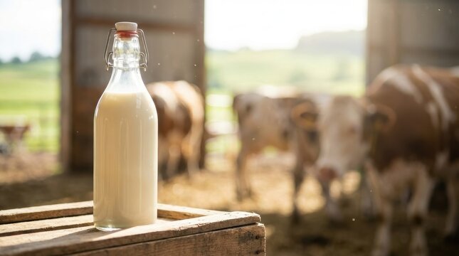 Fresh milk in a glass swing top bottle rests on a wooden crate inside a sunlit barn with blurred cows in the background