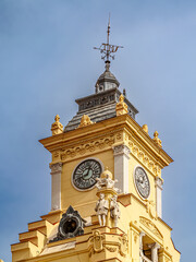 Yellow Historic Malaga Townhall Tower Under Clear Sky, Malaga, Spain