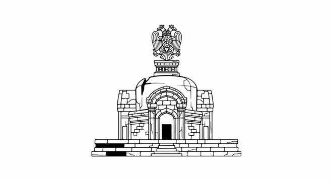 Stylized drawing of an ancient, weathered monument with a double-headed eagle crest