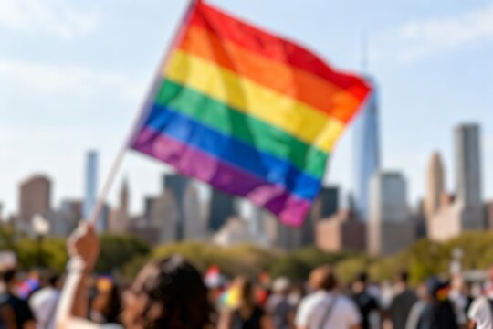 Blurry Many people wave rainbow flag. Crowd walk city street. Fun lgbt community symbol. Stop no homophobia concept. Joy pride month fest. Bi gay man go csd love day. Queer culture parade. Hold colorf