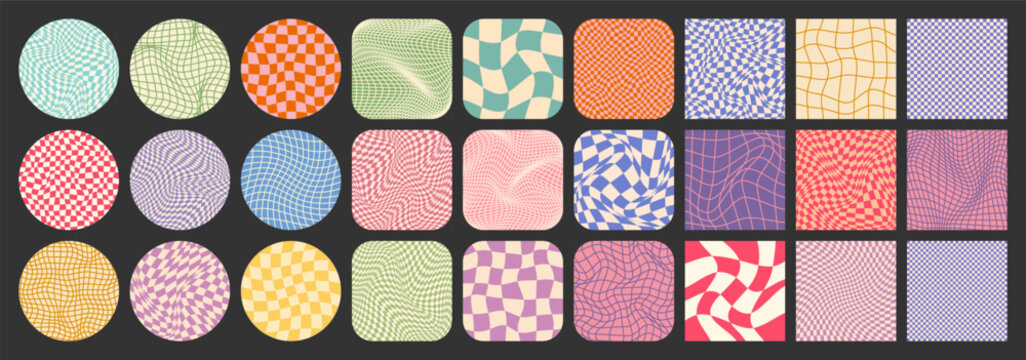 Groovy checkered pattern, colorful tiled grid. Vintage wavy curved backdrop, distortion effect. Funky geometric chessboard texture, retro background in 90s style, y2k. Vector illustration