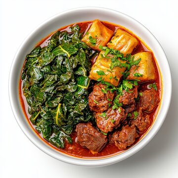 Delicious Nigerian Ewedu Soup with Eba and Beef Stew Traditional African Cuisine Hot Meal in White Bowl