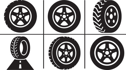 Car wheel icon set with black rubber tires for vehicle, road, transport, and automotive design. © Mst.Atina
