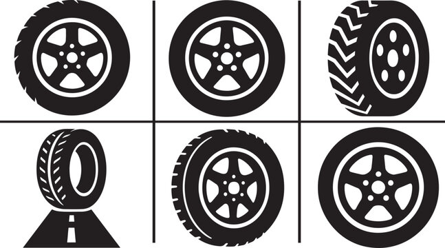 Car wheel icon set with black rubber tires for vehicle, road, transport, and automotive design.