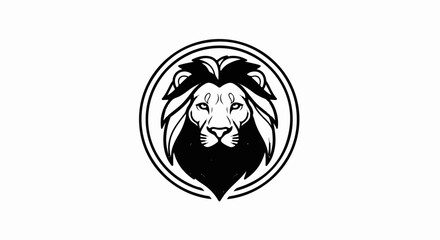 Stylized black and white illustration of a majestic lion's face within a circle