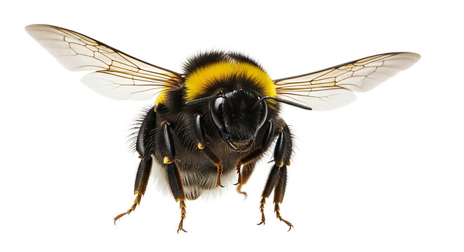 Close-up macro bumblebee flying on white background with detailed wings and fur texture