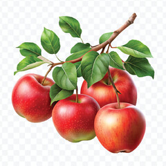 realistic fresh red apples hanging from a branch with green leaves and water drops in a natural setting isolated on transparent background