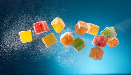 colorful cubes of candied fruit flying in the air with a soft blue background and sugar dust