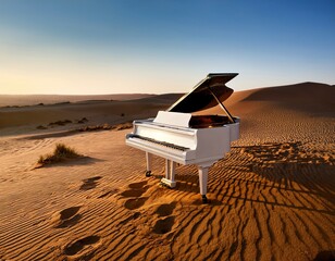 elegant grand piano on golden sand dunes under soft light at dusk in a desert landscape