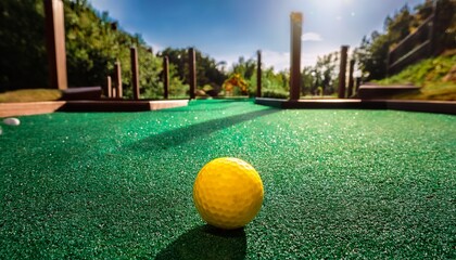 shallow depth of field mini golf course with yellow ball sport