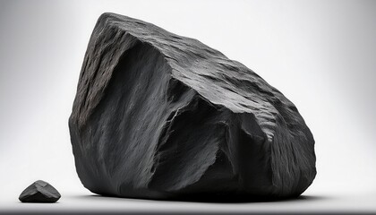 large dark gray rock standing upright on a plain white background creating a stark contrast and highlighting the rough texture of the stone