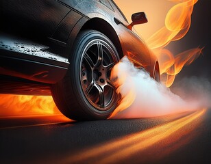 car wheel leaving a smoke trail burning rubber on asphalt in dynamic motion