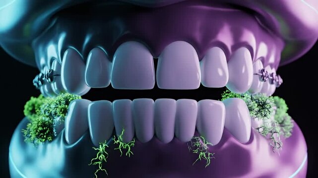 Teeth with green plaque and orthodontic braces closeup