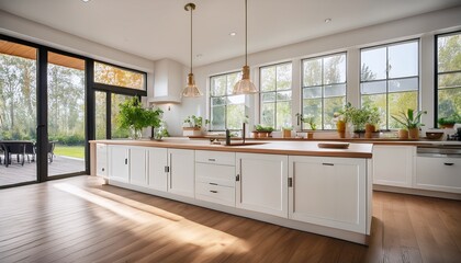 bright airy kitchen interior with large windows sleek white cabinets and polished wooden floors blending modern design with a warm open feel