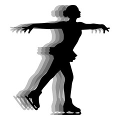 Dynamic silhouette illustration of a figure skater performing an elegant glide with outstretched arms, showcasing graceful movement