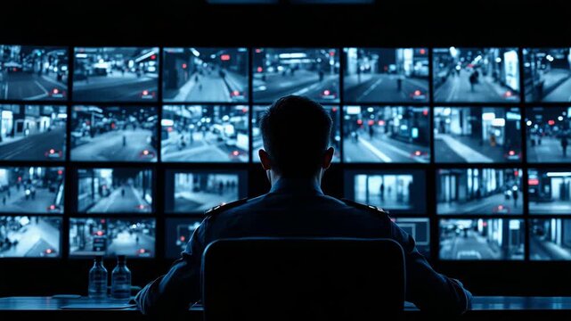 Security Staff Reviews Many Active Camera Feeds With Blue Illumination