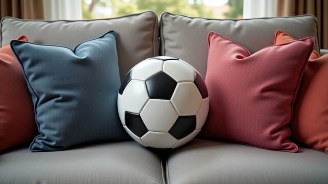 Soccer ball resting on bed surrounded by soft pillows showing cozy match day bedroom theme