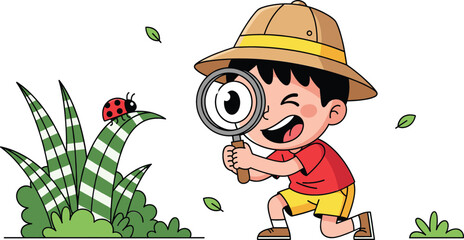 Cute vector illustration of a happy young boy in a safari hat using a magnifying glass to look at a ladybug. © mstLilima