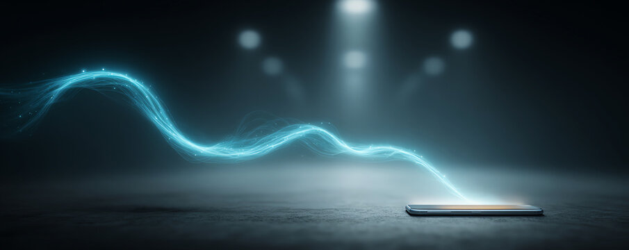 Payment scene with blue energy transferring to card. Abstract futuristic technology concept with glowing digital wave on dark stage