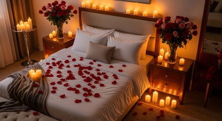 Romantic Bedroom Decorated with Roses and Candles for a Special Night