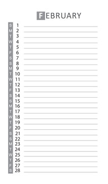 Monthly printable organizer grid with lettering month name and motivation phrase for February 2021.