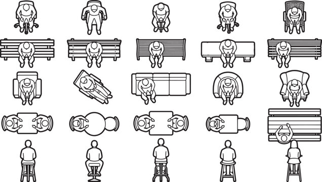 Overhead view of various furniture arrangement with people silhouettes. A collection of diverse people figures.