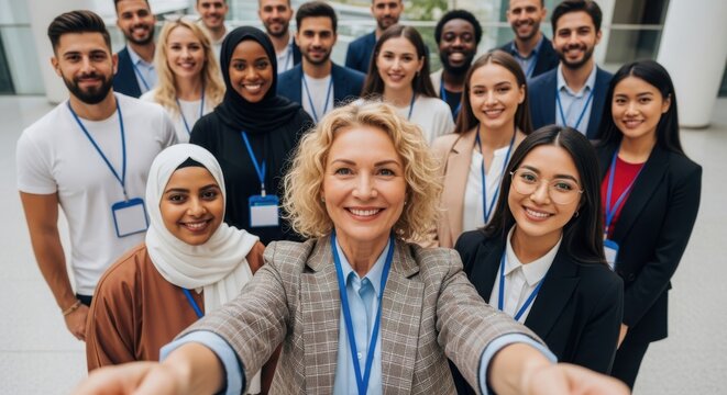 Diverse group of smiling business people posing for a selfie in an office