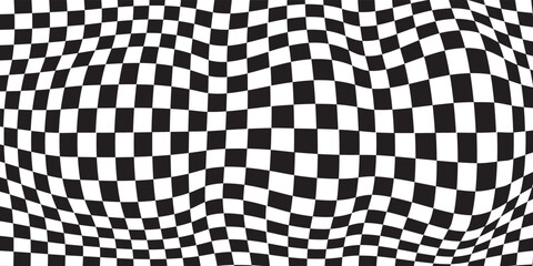 Obraz premium Black and white abstract square backgrounds. Geometric checkered board. Optical illusion, modern art. Psychedelic groovy swirls. Hippie covers, posters, cards, banners. Vector illustration.