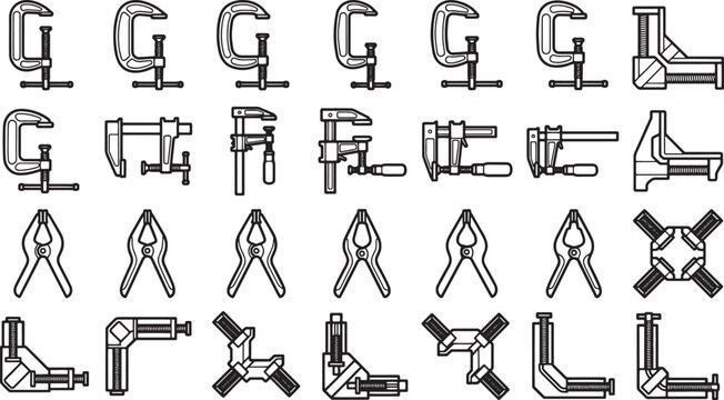 Collection of Clamps for Construction and Carpentry, presented in a clean and organized manner. These essential tools are crucial for securing, holding.